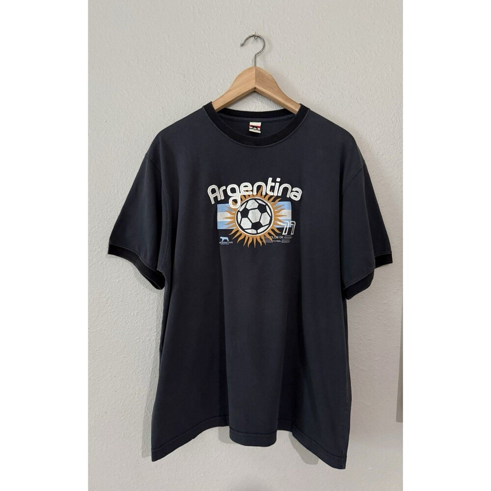 Vintage Argentina Soccer T-Shirt Black Faded Ringer Y2K 77 World Cup RARE XL